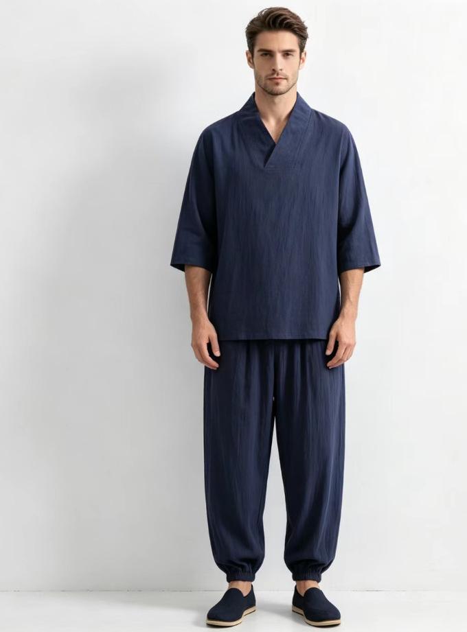 Mens Chinese Style Loose Cotton Linen Two Piece Set V Neck T Shirt Long Pants