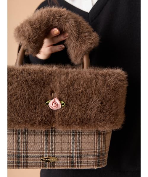 Lily Brown Combination Tote Bag LWGB259324 Check Eco-Fur 2-Way Women's