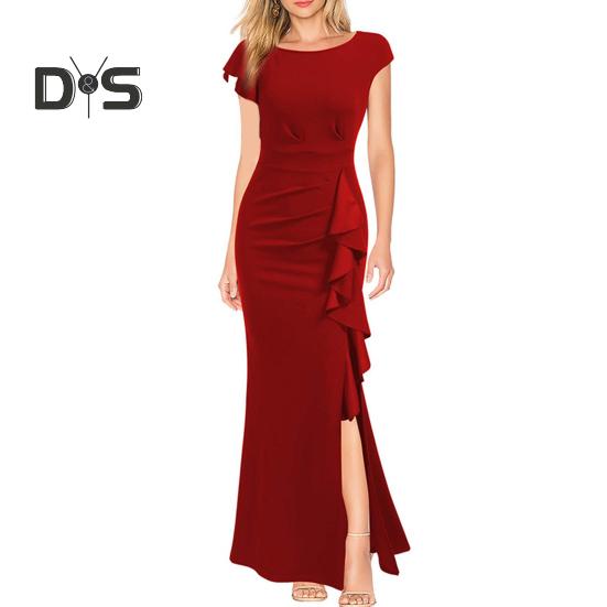 

Женское летнее платье с круглым вырезом и короткими рукавами, платье с высокой талией и боковыми рюшами, декор с разрезом подол, облегающее вечернее платье с запахом бедра M красный