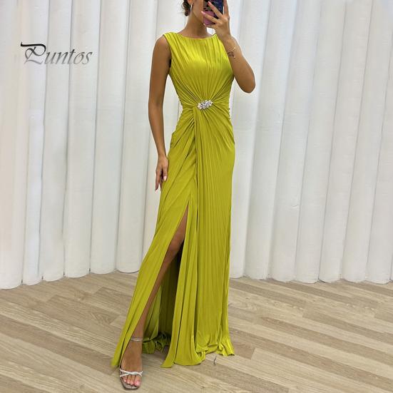 Lady Slit Hem Dress Evening Pleated Floor Length Solid Color Rhinestone Decor Sleeveless Round Neck High Waist Prom Cocktail Party Maxi Women Gown