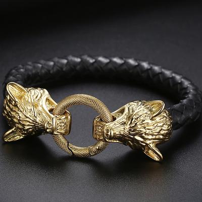 Men's Leather Bracelet with Double Wolf Head Luxury Never Fade Gold Plated 316L Stainless Steel Cuff Bracelets for Men Jewelry