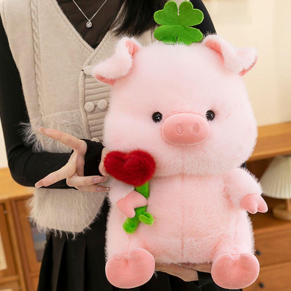 Soft Pig Hold Flower Plush Doll Fluffy Pig Stuffed Dolls Stuffed Pig Plushie Toy  Kids Gifts