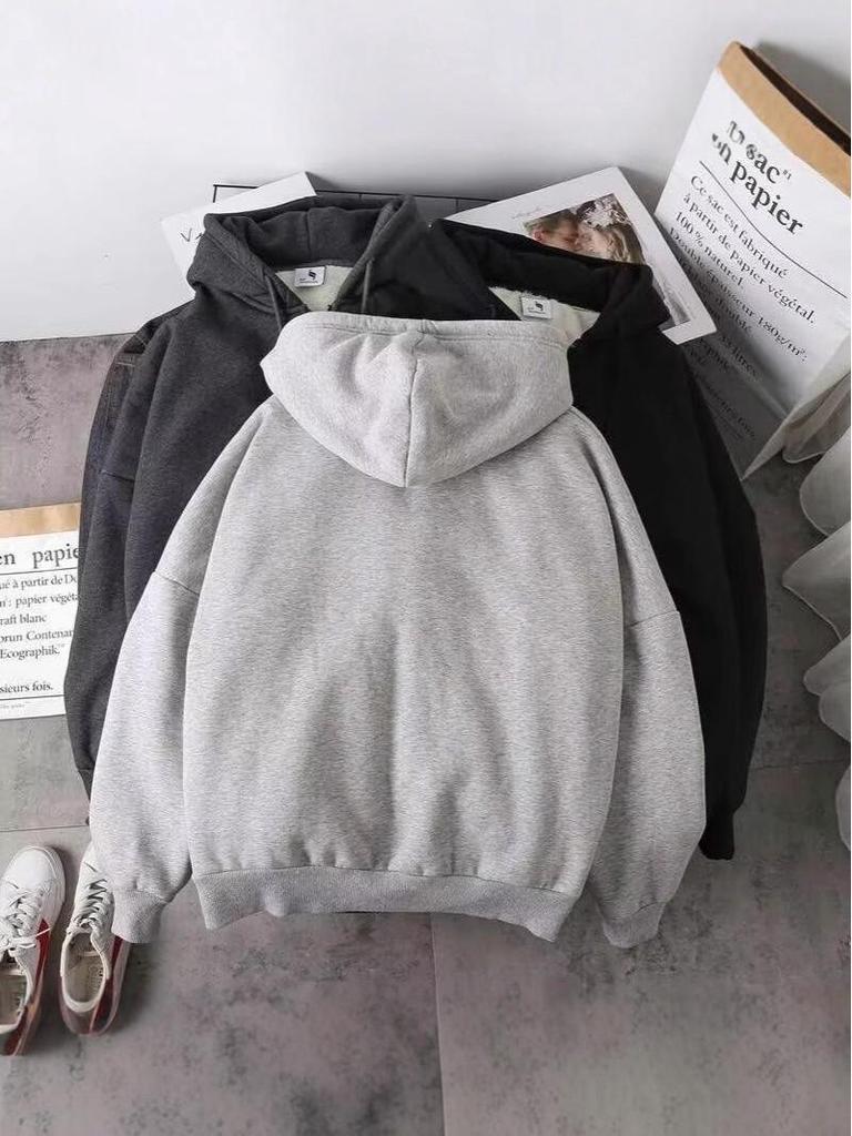 Herren Einfacher Reißverschluss-Kapuzenpullover für Herbst/Winter: Locker, Lässiger Amerikanischer Stil, Mit Samt gefüttert, Große Größen