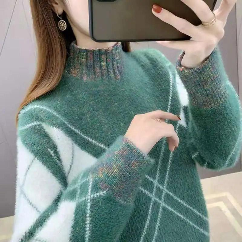 

Утолщенный свитер, женский осенне-зимний свободный утолщенный теплый свитер с полувысокой горловиной, повседневный универсальный пуловер, вязаный свитер, топы One size зелёный