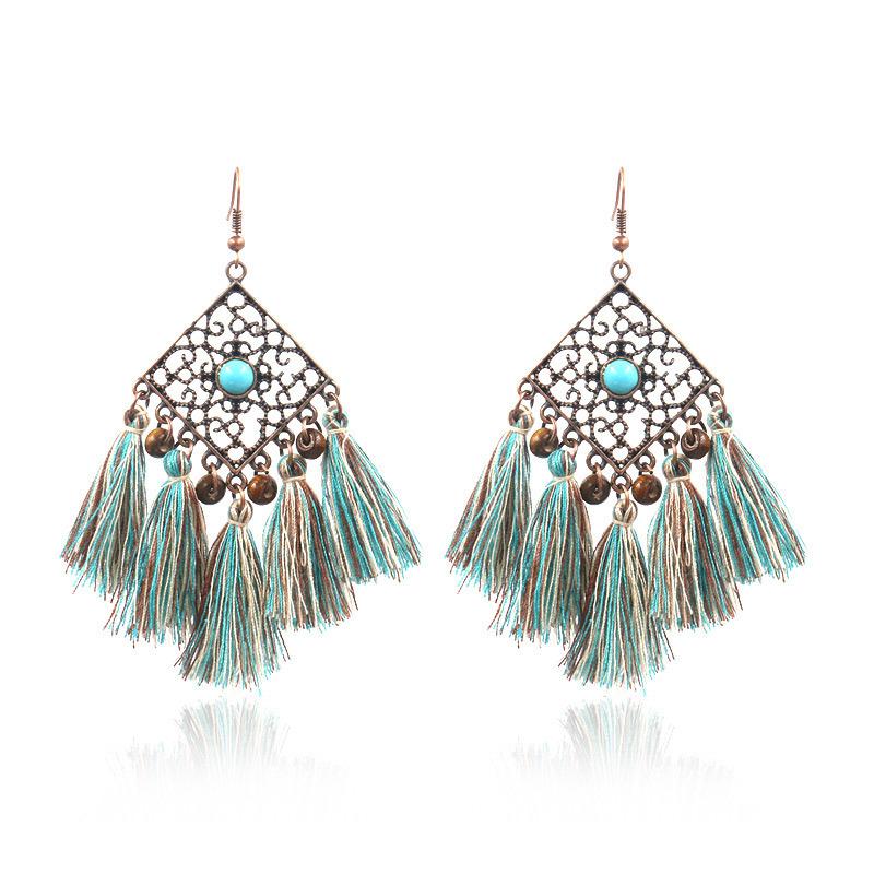 GemChic Women's New Vintage Geometric Metal Turquoise Long Tassel Fringe Earrings Ethnic Fashion Hook Earrings Birthday Christmas Jewelry Gift