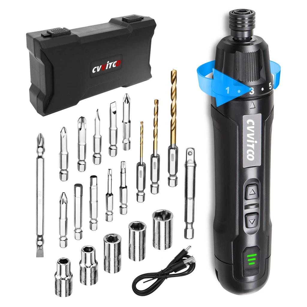 CVVITOO elektrický šroubovák Akumulátorový šroubovák Sada dobíjecího šroubováku USB Utahovací moment 11 bitů šroubováku 3 šroubové vrtáky 5 nástrčných ohebných šestihran