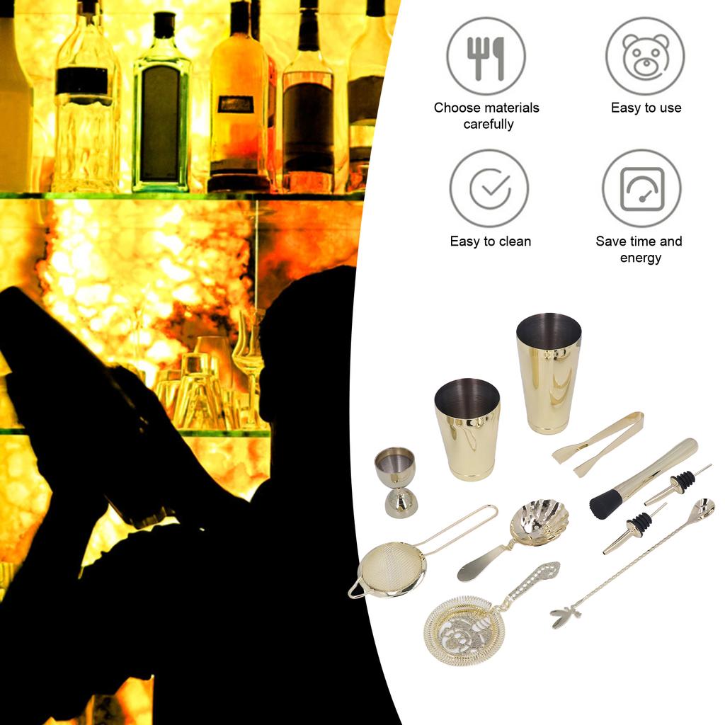 11PCS Cocktail Shaker Set Stainless Steel Drink Mixer Set Bar Cocktail Mixing Tool for HouseholdGold
