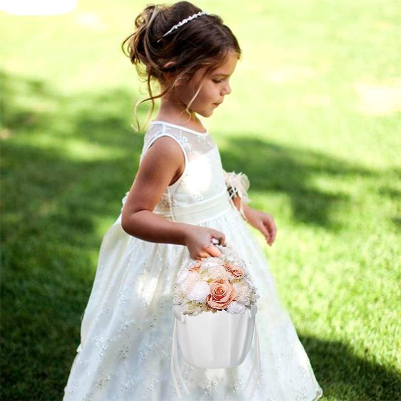 White Flower Girls Basket Silk Wedding Basket for Flower Bride/Kids Hand Held Wedding Ceremony Party Decorations