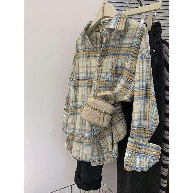 

Beige Plaid Top Retro Versatile Loose Plaid Shirt New Design Shirt Jacket S жовтий