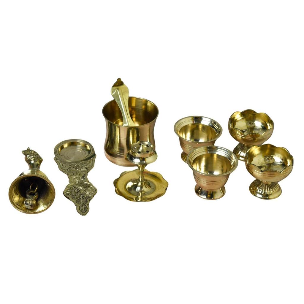 8-Inch Plain Brass Pooja Thali Set with Diyas, Kumkum Bowls, Agarbatti Stand & Accessories