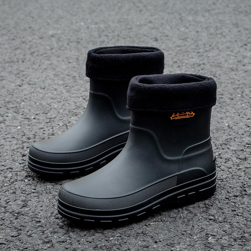 Hot Sales Men'S Rain Boots Designer Waterproof Mid Calf Boots Plush Non Slip Pvc Work Shoes Comfortable High Quality Men Shoes