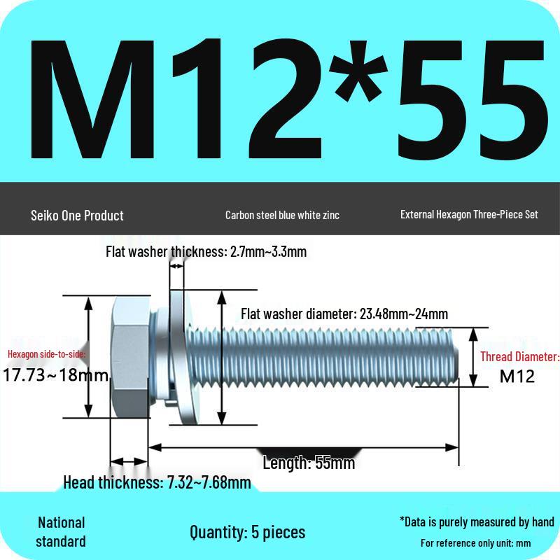 Grade 8.8 Galvanized Hex Bolt Set: Includes Hex Bolt, Spring Washer, Flat Washer (Sizes: M4, M5, M6, M8, M10, M12)
