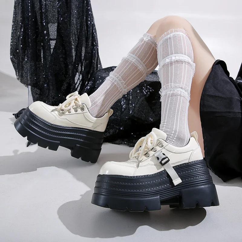 Fashion 10CM Women Leather Platform Sneakers Spring Ladies Wedge Heels Chunky Shoes Pumps Woman Lace-Up Thick Sole Casual Walking Shoes