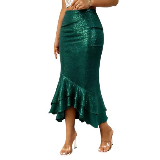 Damen Midi Rock Sexy Hüftbetontes Design Hüftbedeckend Einfarbiger Party Rock Glitzer Niedrige Taille Rüschensaum Fishtail Rock Tägliche Kleidung