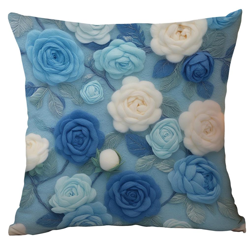 New 3D Imitation Plush Blue Rose Pillowcase Pastoral Home Sofa Cushion Pillowcase Decoration