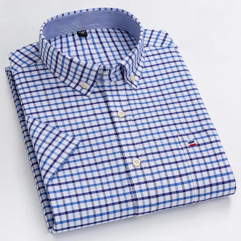 Cămașă bărbătească Oxford din bumbac de înaltă calitate, cu mânecă scurtă, pentru confort de vară, respirabilă, clasică, culoare uni, carouri, business, casual