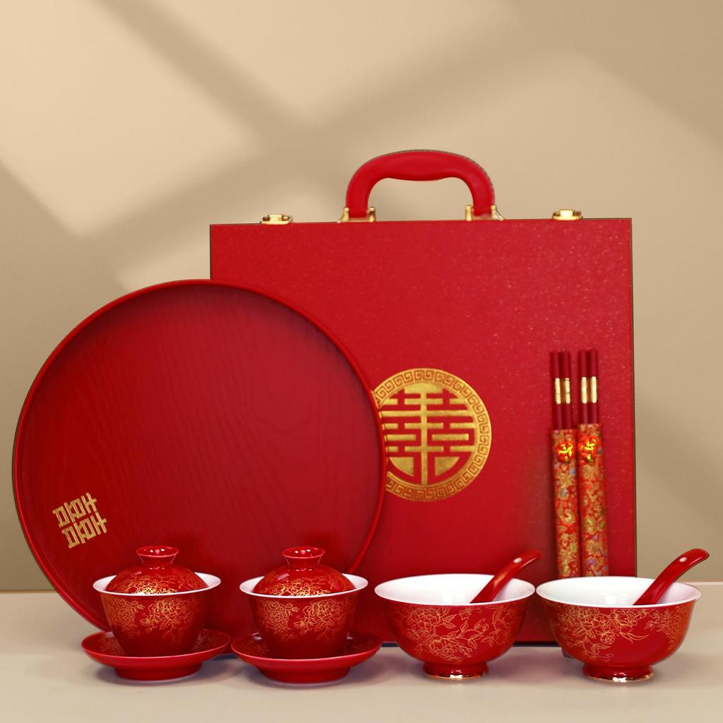 Double Happiness Newlywed Tea Set: Red Bowls, Chopsticks, and Spoons