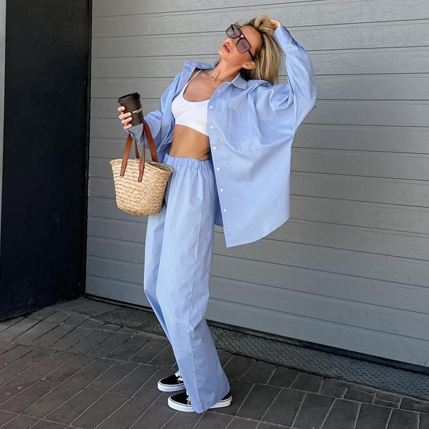 2025 Autumn Women s Blue Casual Two-Piece Set: Loose Long-Sleeved Shirt & Wide-Leg Pants L
