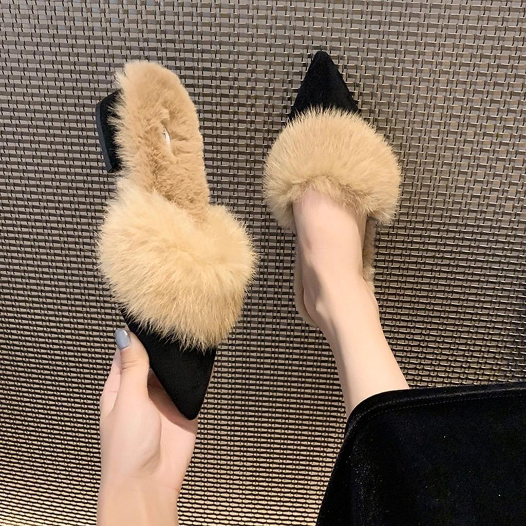Wearing a pedal Internet celebrity temperament Baotou half-tow thick heel pointed head plush cotton slippers female winter