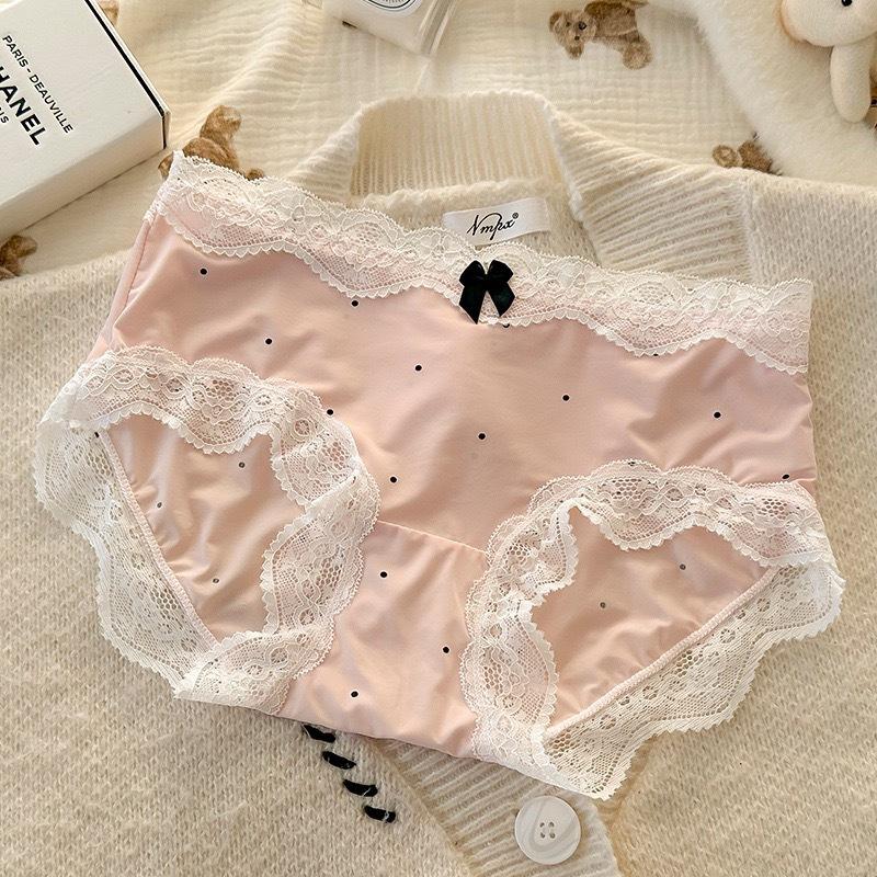 4PCS Women's Lace Panties M-XL Thin Sexy Ice Silk Briefs Dots Breathable Underwear Female Soft Intimates