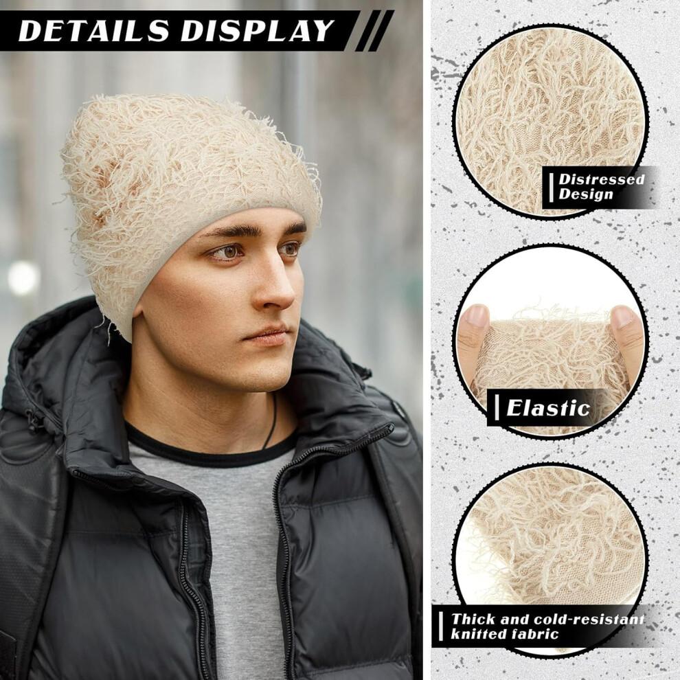 Distressed Knitted Beanie Fuzzy Winter Hats Thick Warm Beanies Y2k Beanie Snow Knit Cap Skull for Women Men