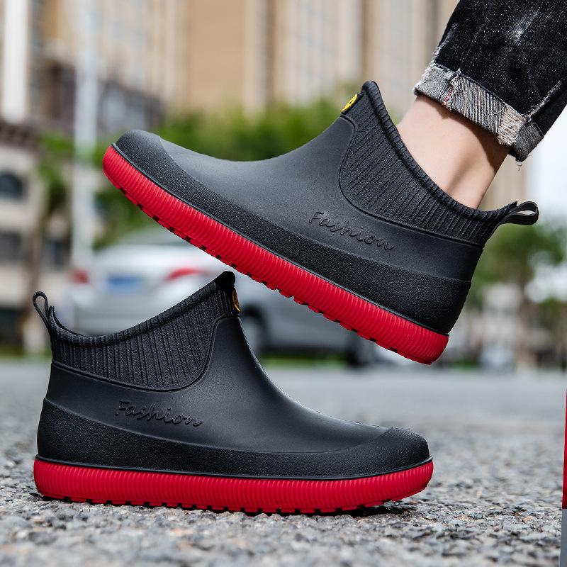 Men's short rain shoes fashion non-slip waterproof fashion rain boots fleece thermal rubber shoes kitchen water shoe cover shoes fashion