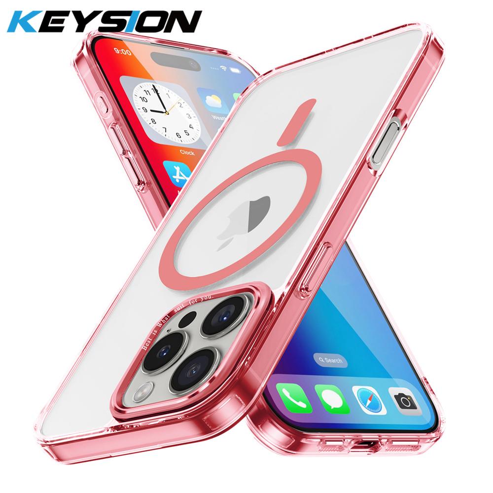

Прозрачный чехол KEYSION для MagSafe для iPhone 16 Pro Max HD Clear Magnetic Wireless Charging Phone Cover для iPhone 16 Plus for iPhone 16 Pro Max розовый