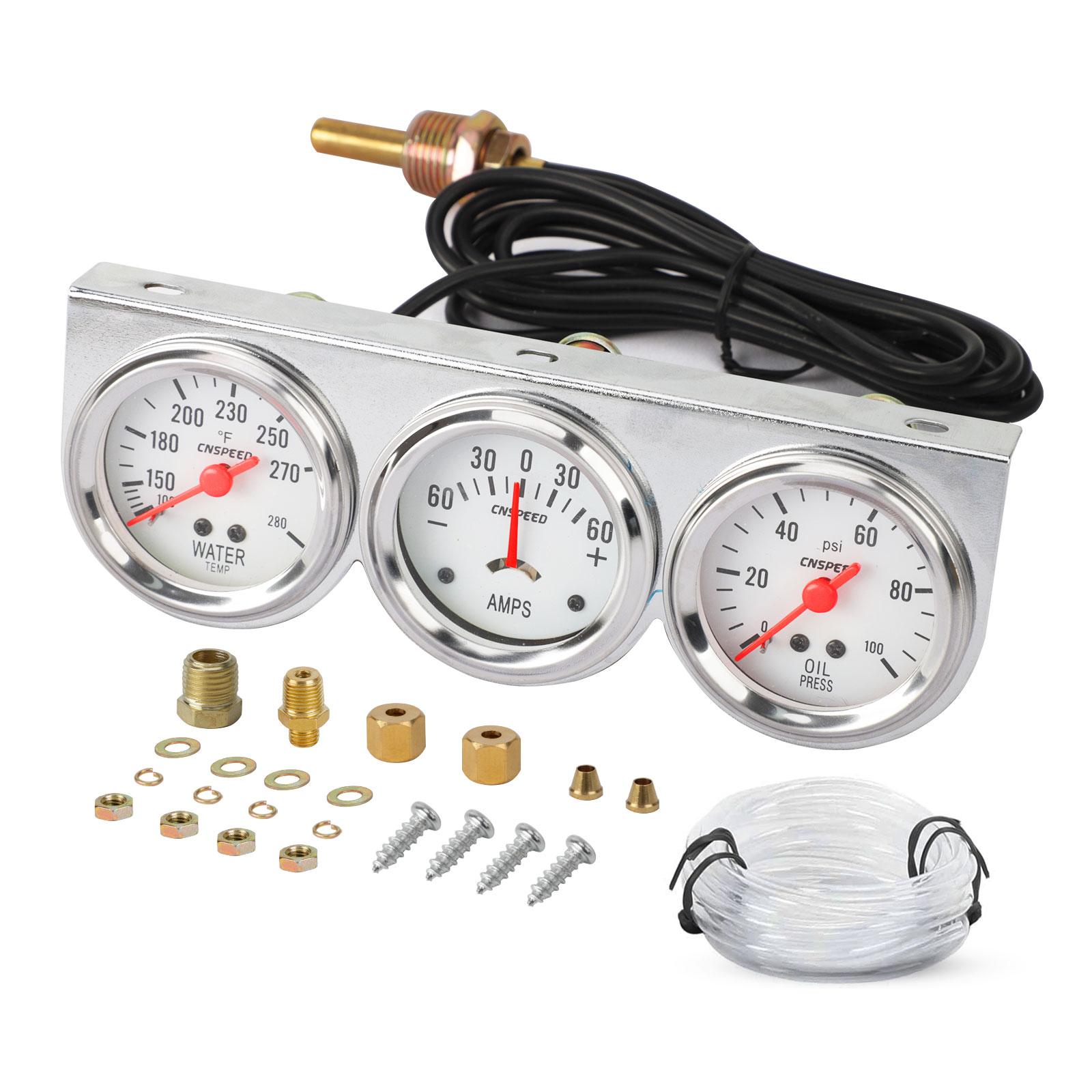 CNSPEED 2  52MM 3 IN 1 Oil Pressure gauge + Water Temp gauge With Sensor + Amp Meter Triple Gauge kit Set Chrome Panel Car Meter 1 piece