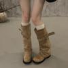 Boots Knight boots but belt buckle trouser tube folds removable new black pile boots women's high knee
