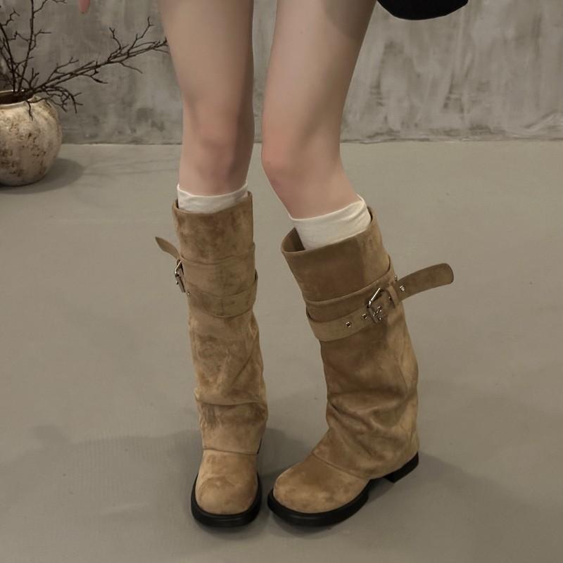Boots Knight boots but belt buckle trouser tube folds removable new black pile boots women's high knee