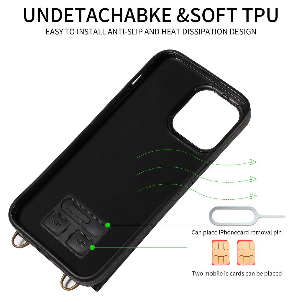 For iPhone 14 Series.for iPhone 14,14 Plus,14 Pro,14 Pro Max Shoulder Strap Rope Ring Bracket Design Card Holder Slots Lichee Pattern Cover Phone Case