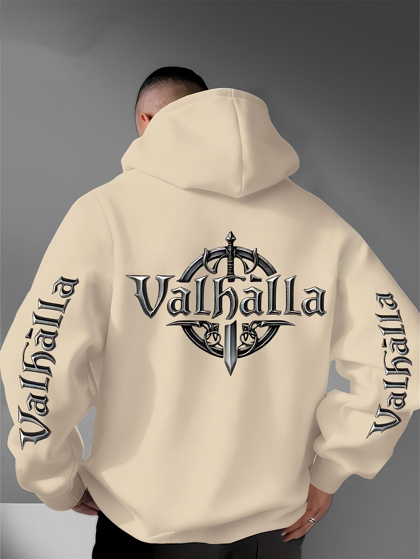 Gotisch Retro Männliches Sport-Sweatshirt Valhalla Schwert Emblem Gotische Schrift Ärmelbündchen Hinten Aufdruck Wikinger Hip Hop Lässig Street Hoodie S elfenbein
