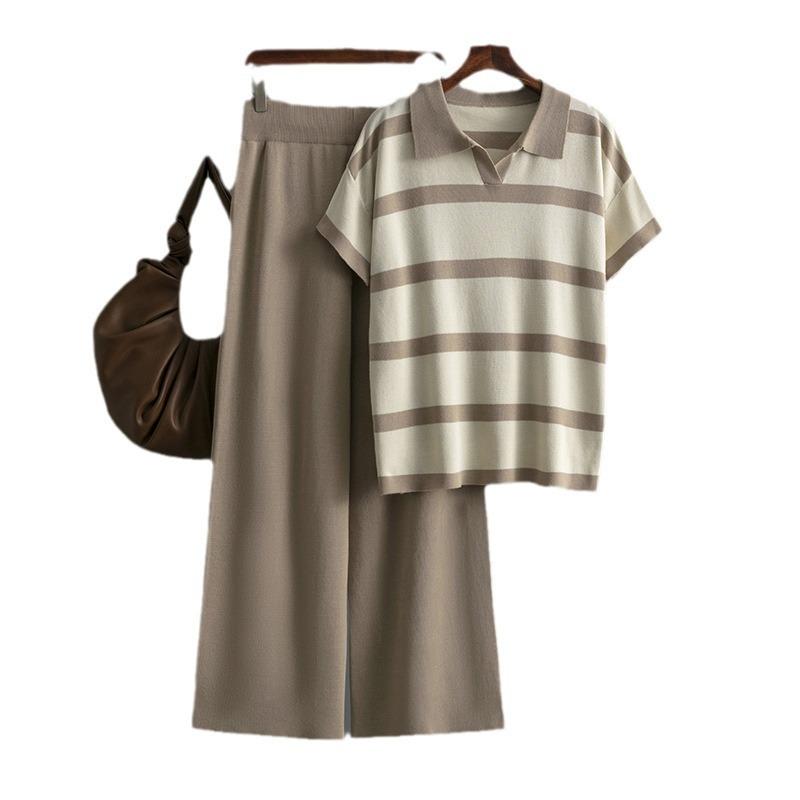 Summer color matching striped collar casual fashion short-sleeved knitted top solid color loose wide-leg pants two-piece set