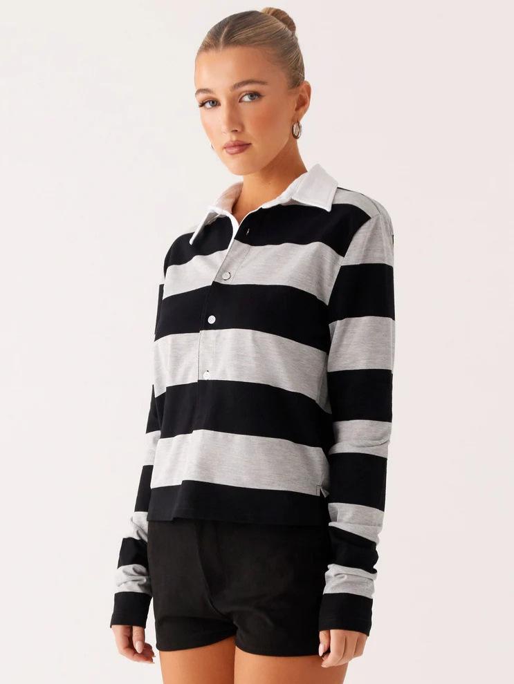 Autumn Striped Polo Top - Women's Versatile Long-Sleeve with Turn-Down Collar