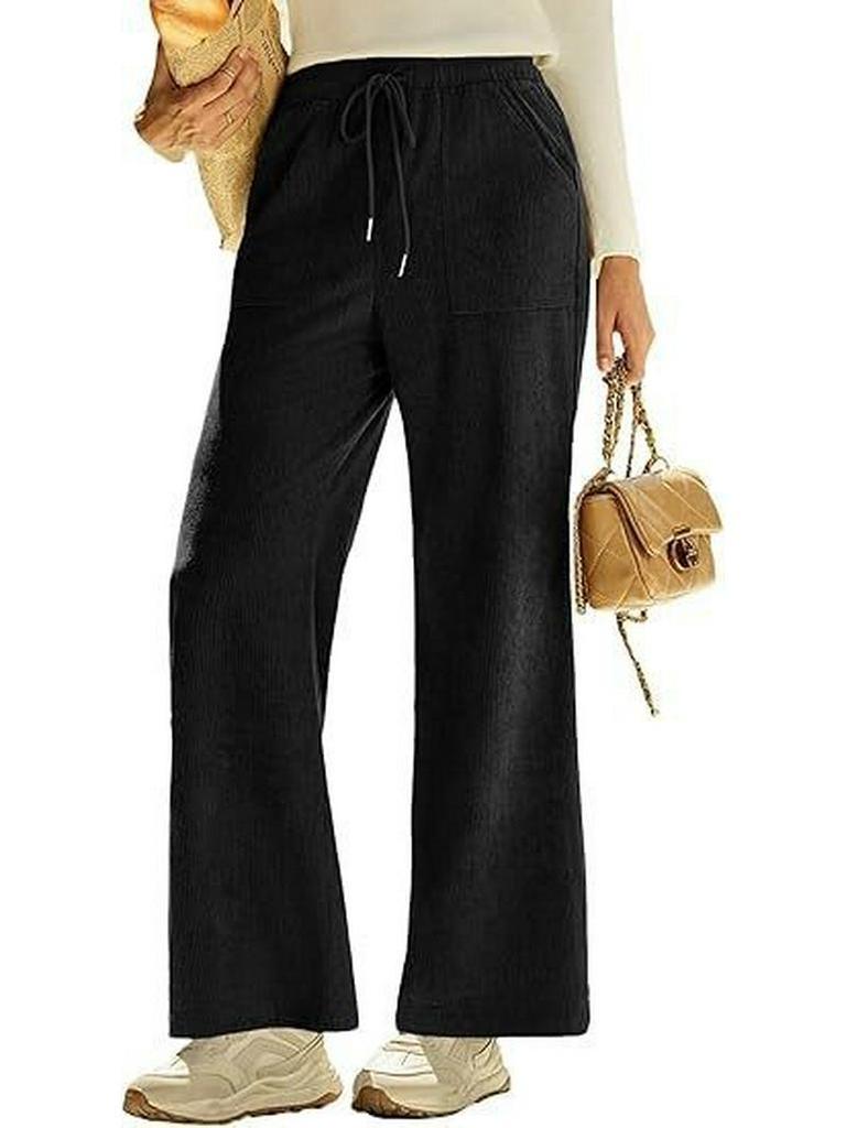 2026 Spring Elastic High Waist Lace-Up Corduroy Pants, Wide-Leg, with Pockets, Casual Long Trousers.