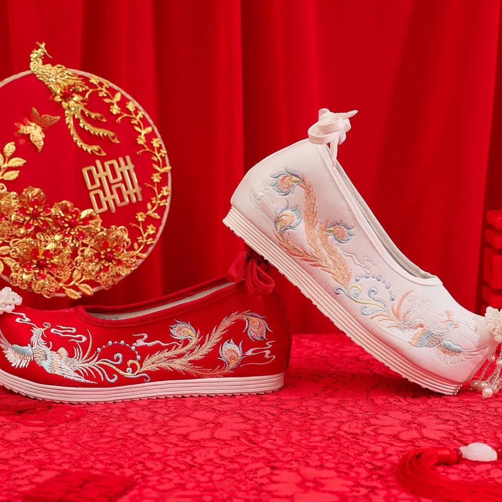 Xiuhua Women's Pearl Tassel High Heels - Ancient Style Pointed Toe Wedding Shoes for Bride, Hanfu Toasting Shoes