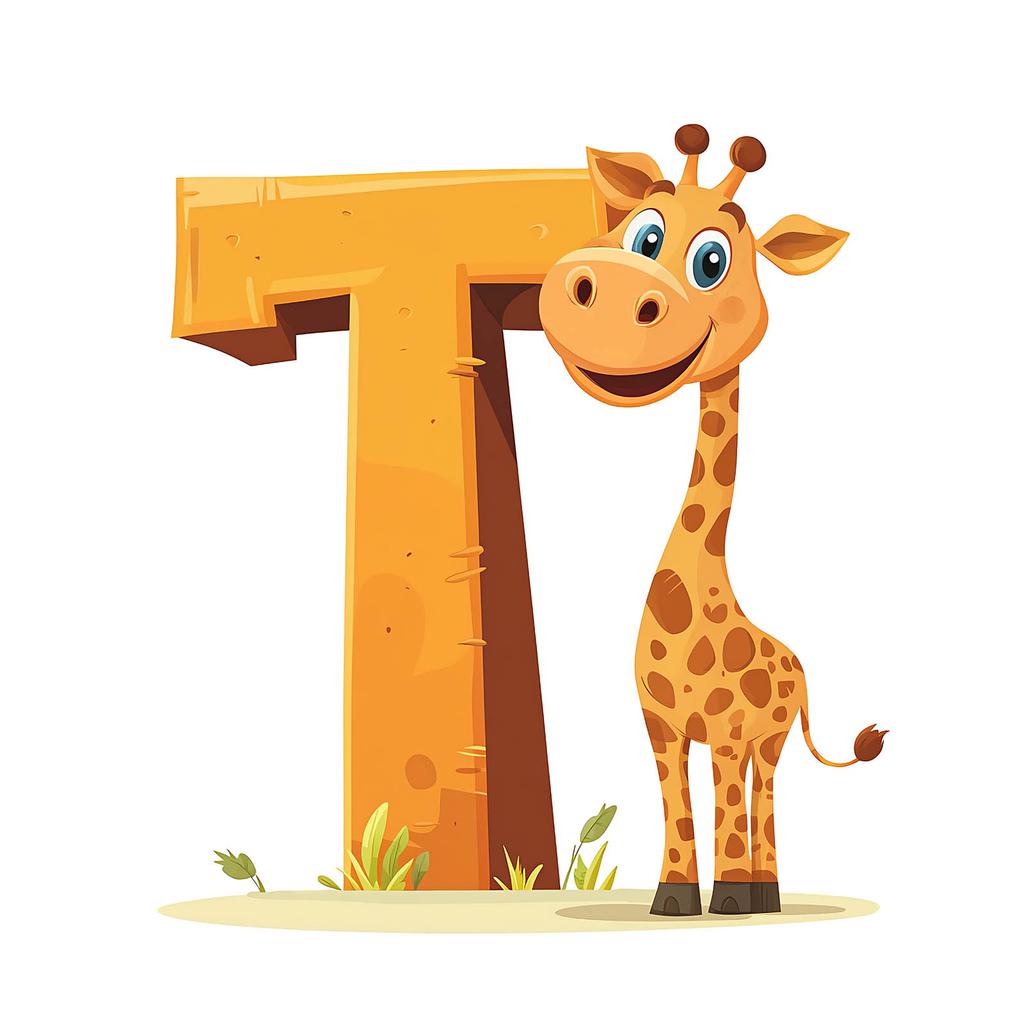 Poster Lächelnde Giraffe mit dem Buchstaben T Poster Lächelnde Giraffe mit dem Buchstaben T, 30X40 cm, Holzrahmen Dunkelbraun, Mattpapier 230 g/m²