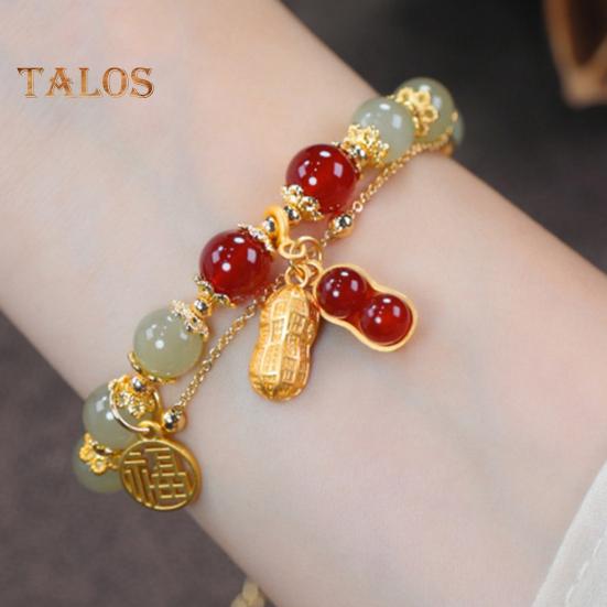 Women Bracelet Faux Jade Smooth Bead Leaf Peatnut Pendant Good Luck Adjustable Length Rhinestone Lady Bangle Prom Daily Wrist Jewelry