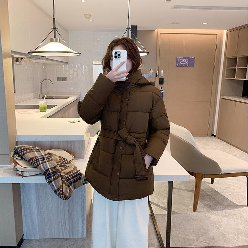 New Winter Hooded Versatile Fashionable Women's Cotton Jacket Belt Slimming and Fashionable Cotton Jacket Solid Color Jacket