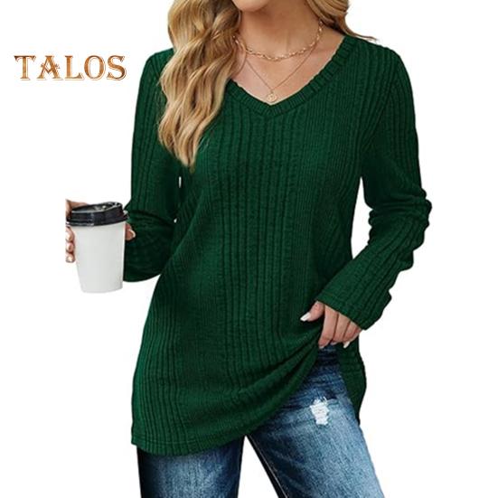 Women Tunic Sweater V-Neck Long Sleeve Solid Color Ribbed Casual Tops Slim Fit Knitted Loose Fit Fall Tops