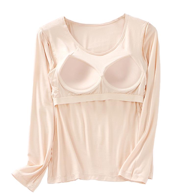 Damska koszulka z długim rękawem i okrągłym dekoltem z wbudowanymi bezprzewodowymi miseczkami – wyszczuplająca warstwa bazowa do jogi