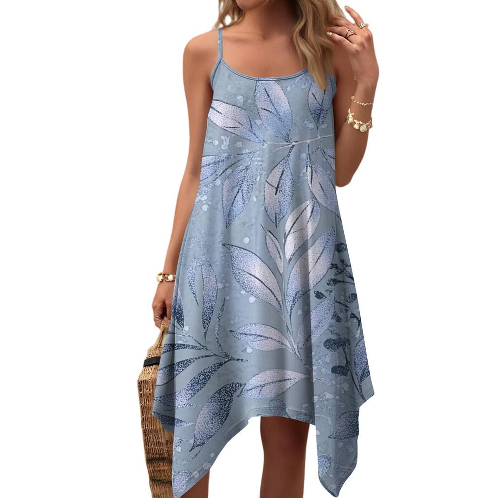 Women's Summer Casual Vintage Floral Print Round Neck Adjustable Suspender Dress With Pockets