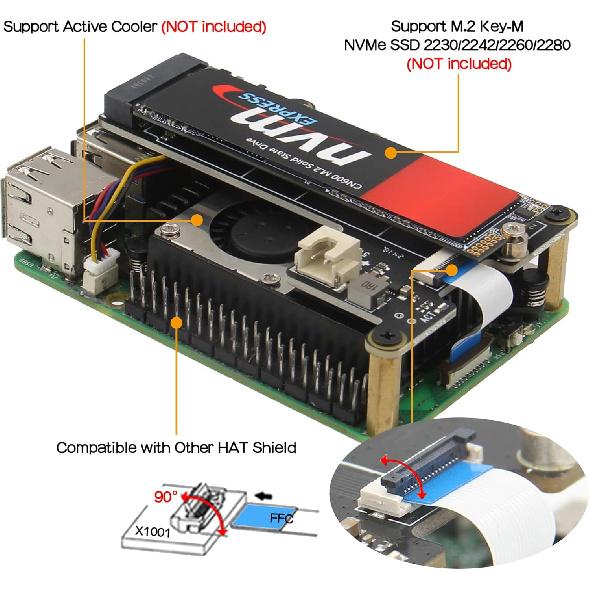 Geekworm X1001 PCIe To M.2 HAT Key-M NVMe SSD PIP PCIe Peripheral Board for Raspberry Pi 5 Support M.2 2230/2242/2260/2280 SSD