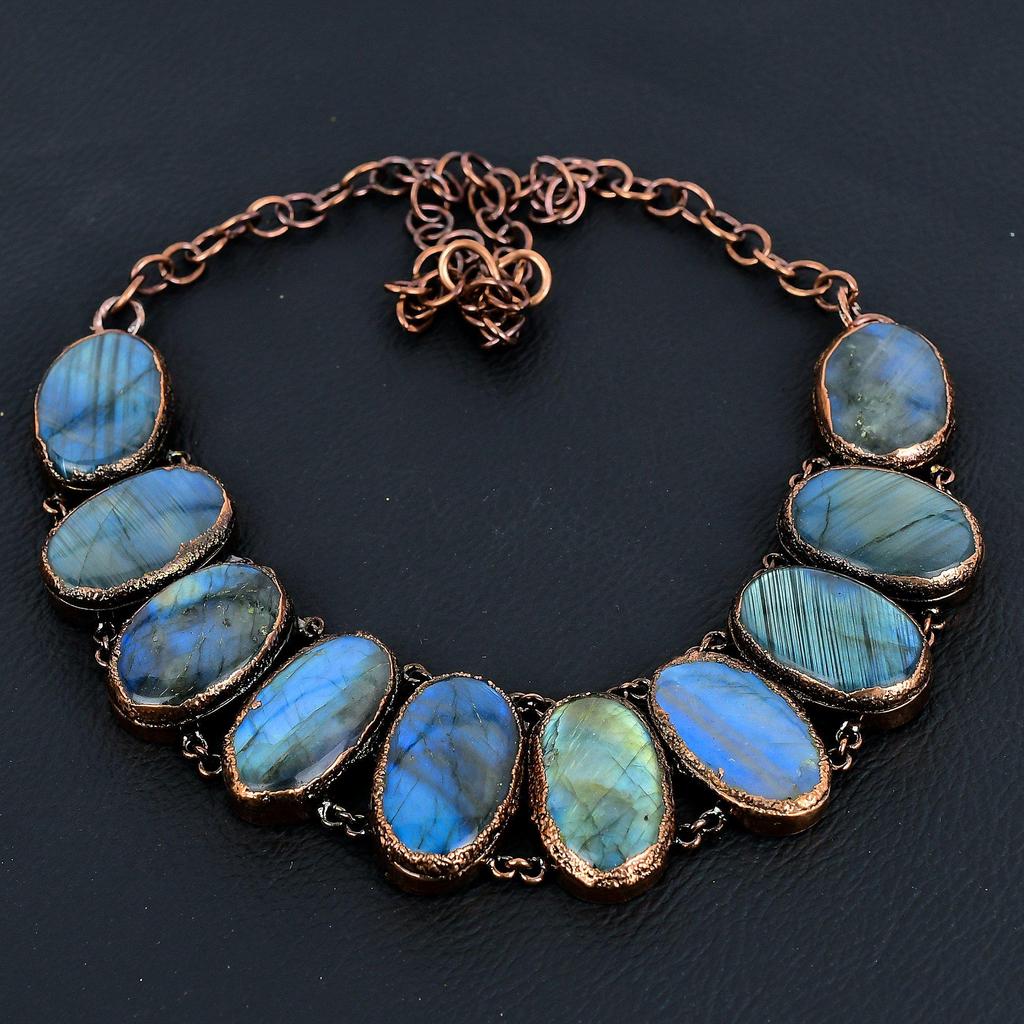 Labradorite Handmade Gemstone Necklace, Copper Electroformed Antique Jewelry Adjustable Chain Necklace, For Engagement Gift