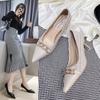 Women Pumps Mid Heels Chains Ladies Shoes Shallow Solid Woman Shoe Concise Slip On Pointed Toe Female Footwear Fashion 2024