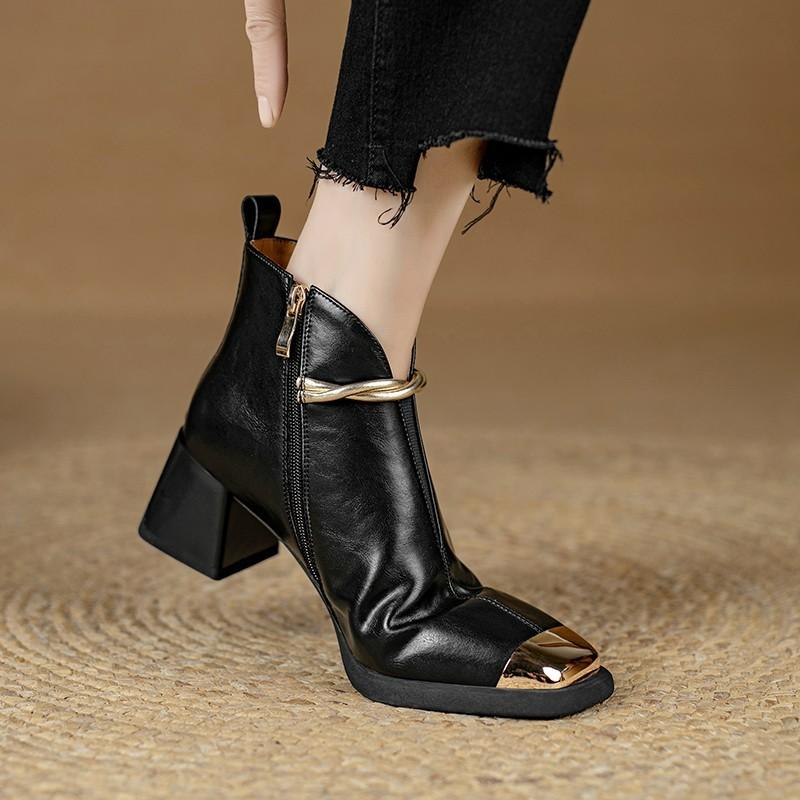 Fashion Block Heel Single Boots Autumn New Metal Pointed Toe Pearl Buckle Side Zip Non-Slip Naked Boots