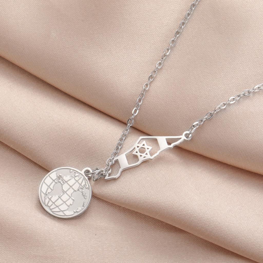 LIKGREAT World Map Israel Star of David Pendant Necklaces for Women Men Earth Globe Round Stainless Steel Necklace Jewelry Gifts