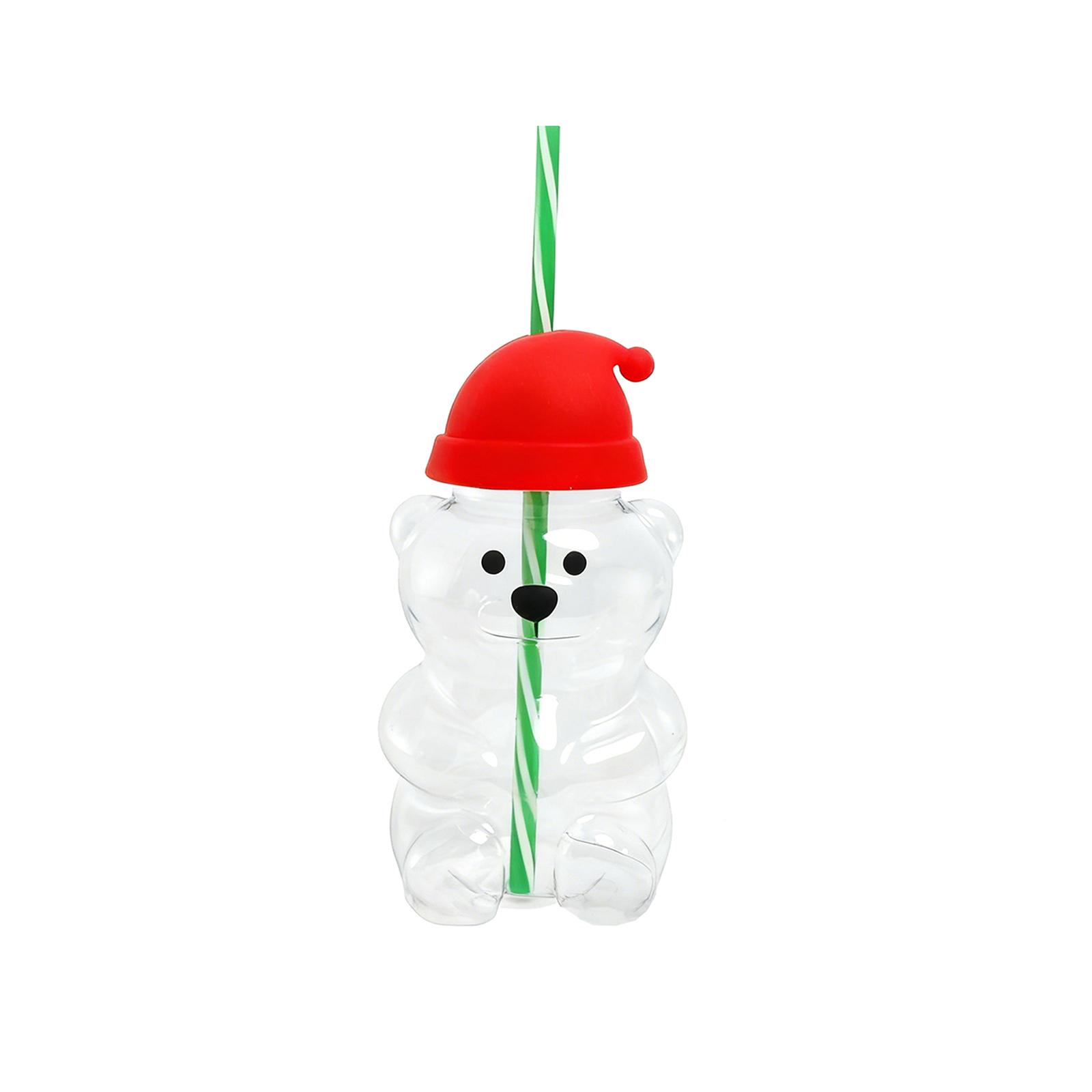 

Reusable Bear Shaped Plastic Drinking Bottle with Straw and Removable Hat Lid for Beverages Water Juice Milk Tea