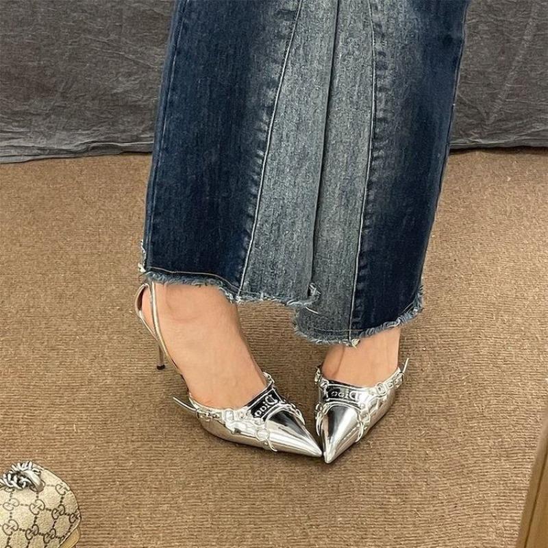 Silber High Heels Sandalen Damen Sommer 2024 Punk Goth Spitze Party Schuhe Frau Metallisch Dünner Absatz Kleid Pumps Damen
