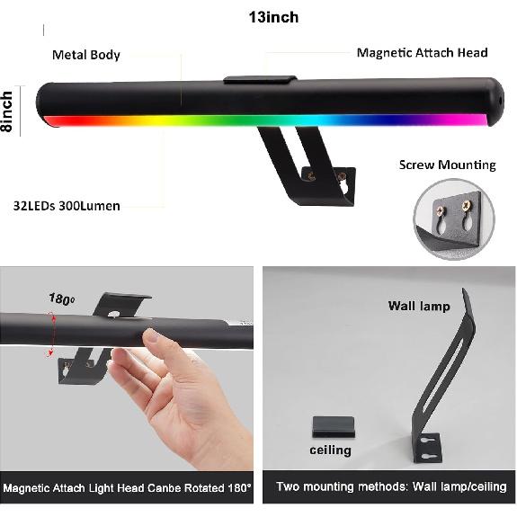 Picture Light 1 Pack, Battery Operated Picture Light with Remote, Rechargeable Picture Frame Light, 32 LED, 16 Color Changing, Art Light for